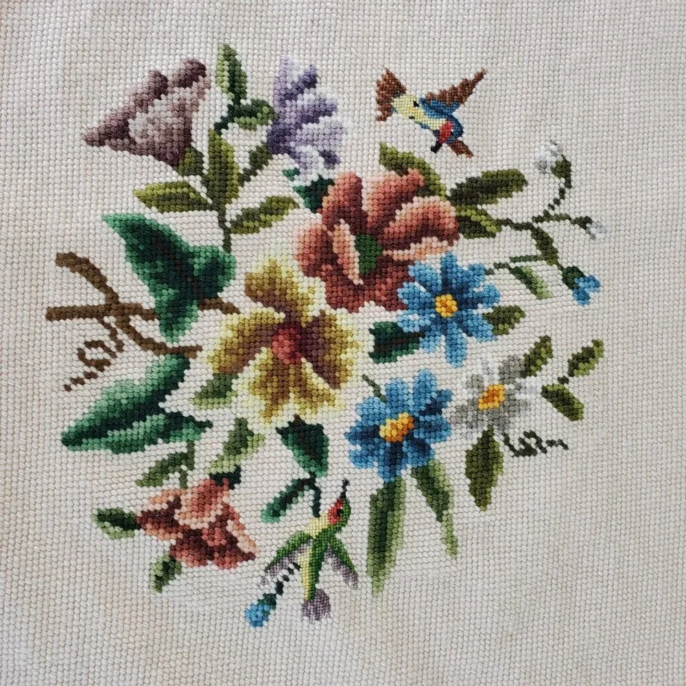Embroidered Floral Tapestry Piece 16x14 Square Handmade Bird Cottagecore Flowers - Picture 2 of 7